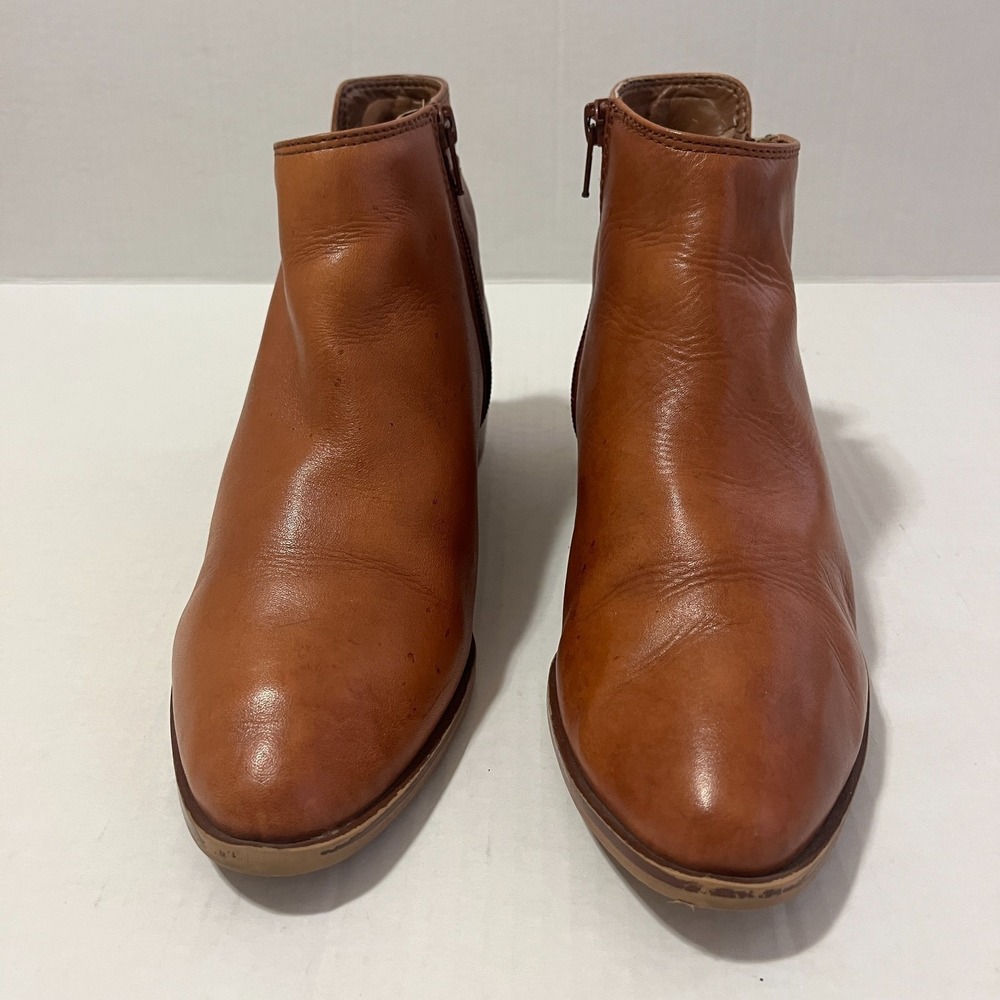 Aldo Leather Ankle Booties Women 7.5 Tan Side Zip Block Heel Boho Chic Casual